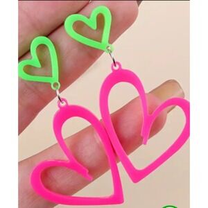 90s Neon Pink and Green Double Heart Drop Earrings Y2K Retro Dangle